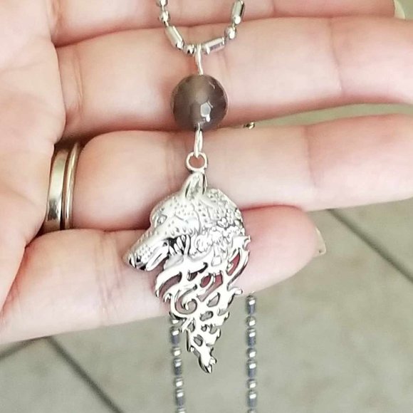 Wolf Necklace Smoky Quartz Necklace Mens Wolf Necklace Mens Necklace Wolves - Picture 1 of 4